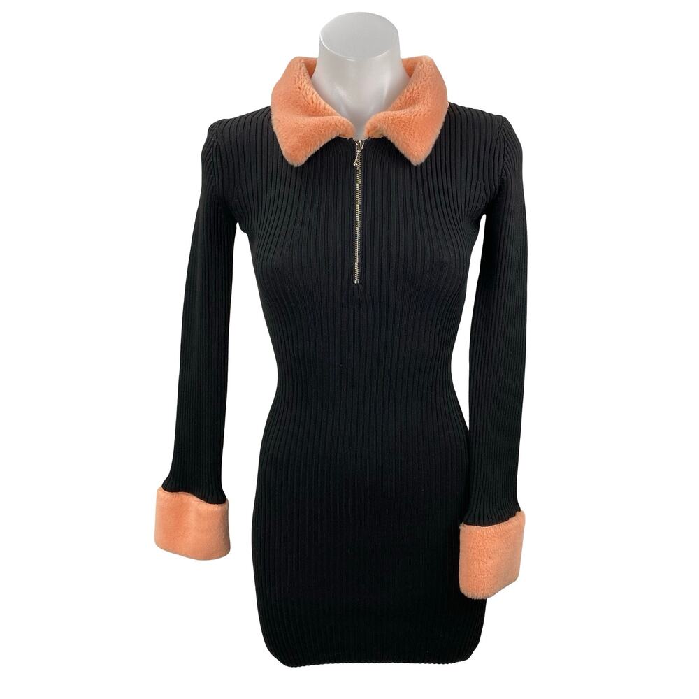 Daisy Street Black Coral Fleece Ribbed Knit Long Sleeve Mini Bodycon Dress Sz S